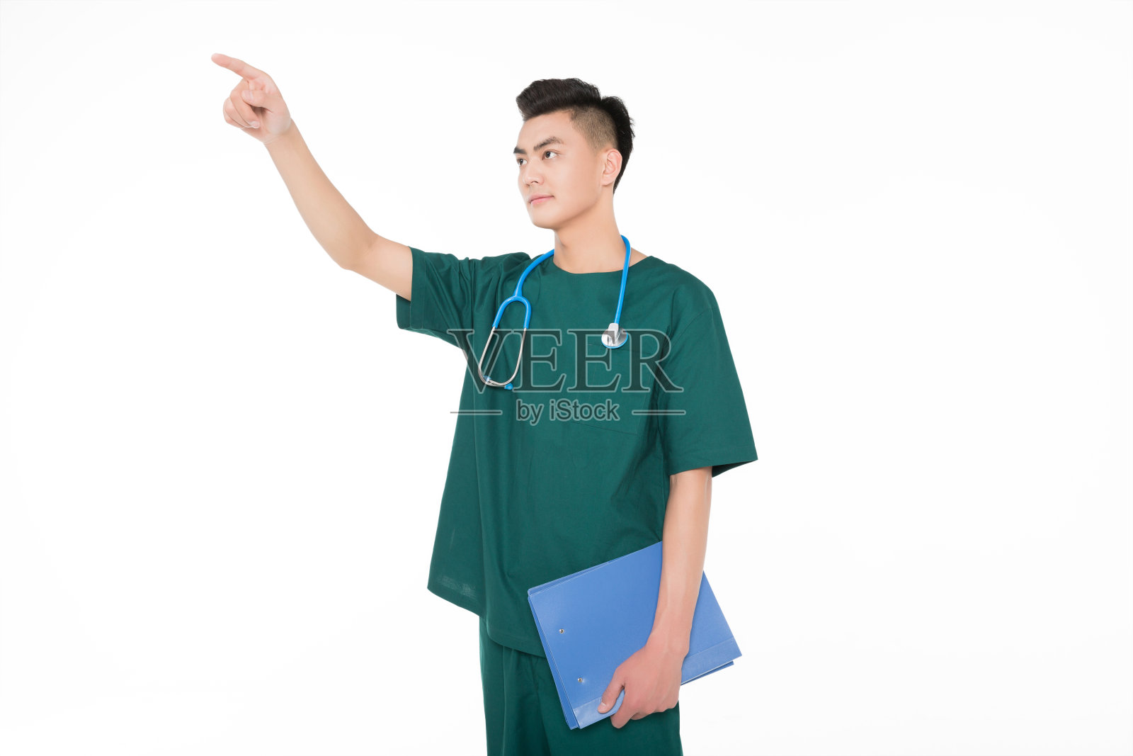 年轻外科医生,白色背景照片摄影图片