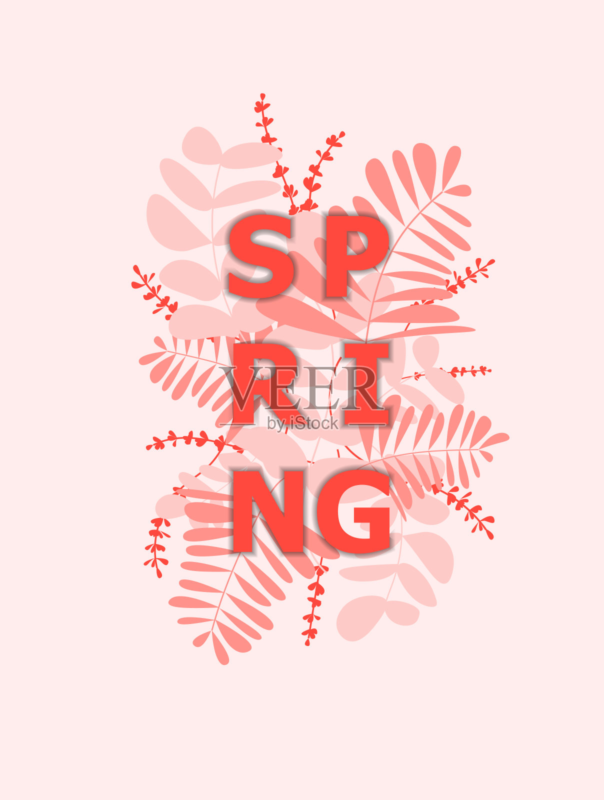 春花字与红花叶矢量平面插图。插画图片素材