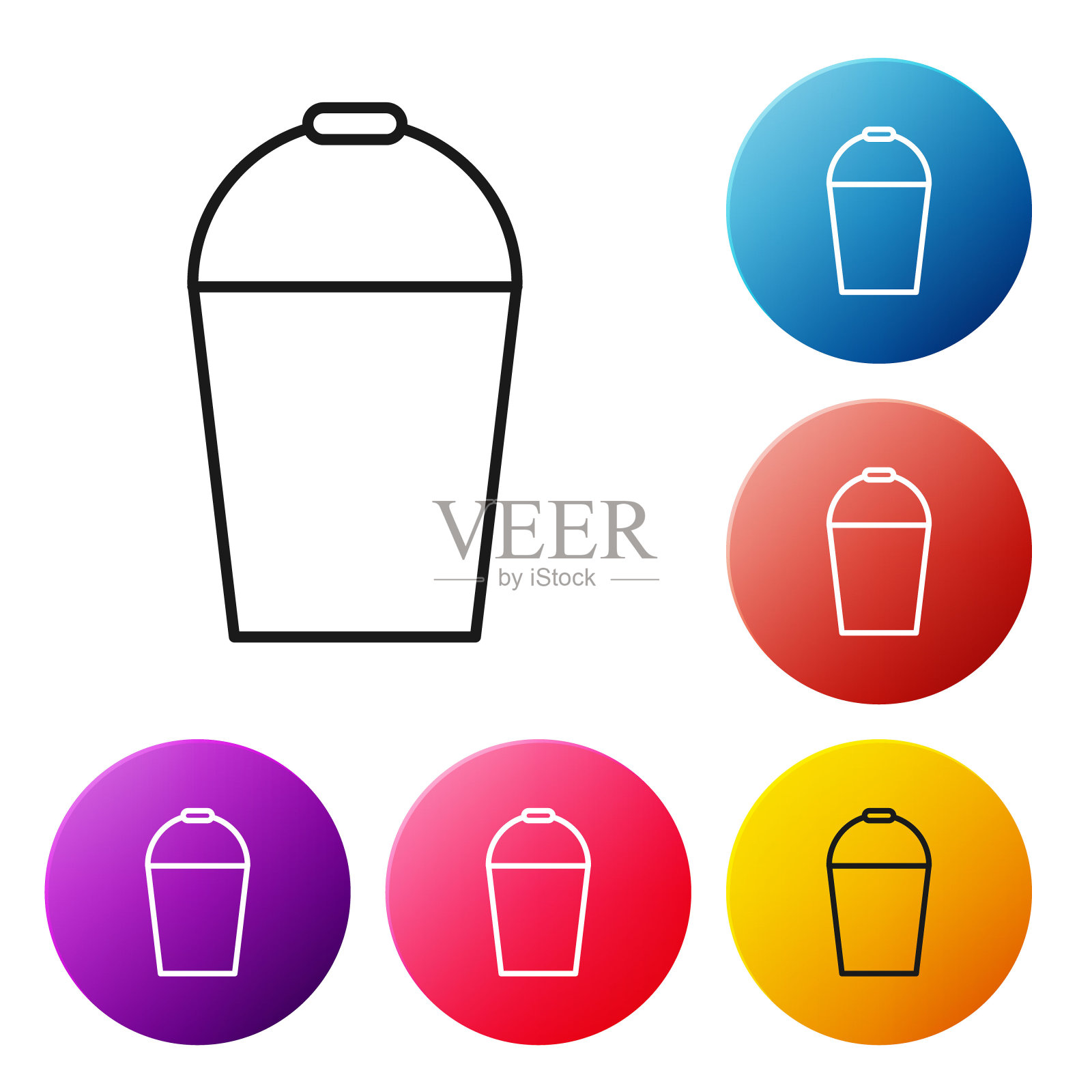 黑线桶图标隔离在白色背景。设置彩色圆形按钮图标。矢量图插画图片素材