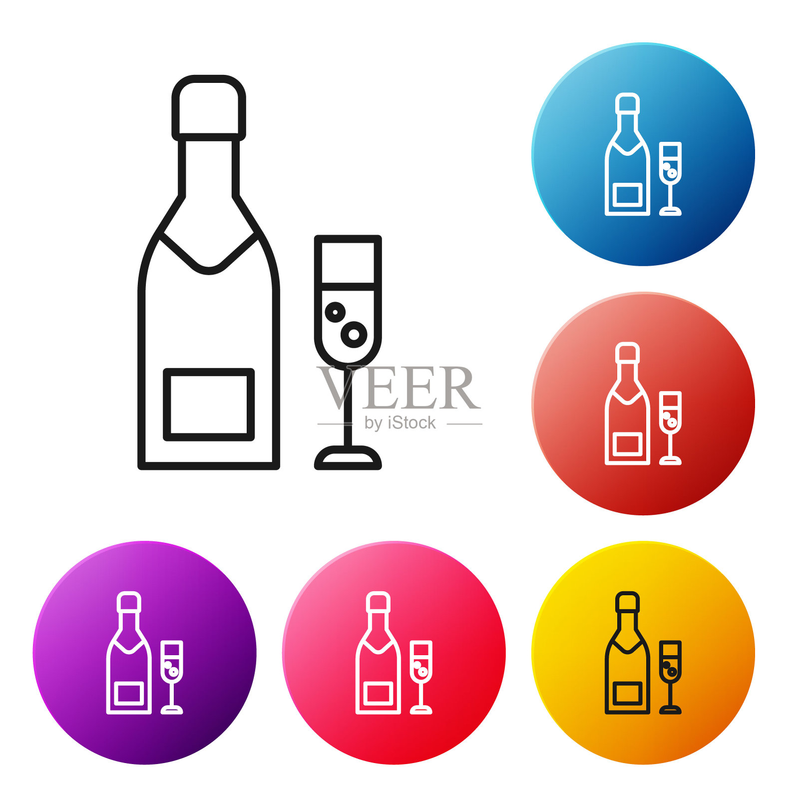 黑色线条香槟瓶和香槟酒杯图标,白色背景,圣诞新年快乐彩色圆圈按钮矢量图图标素材