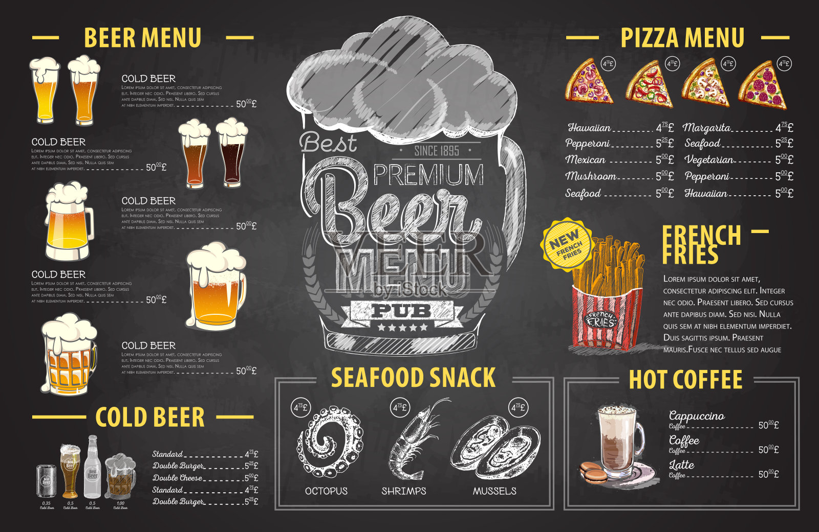 复古粉笔画啤酒菜单设计。餐厅的菜单设计模板素材