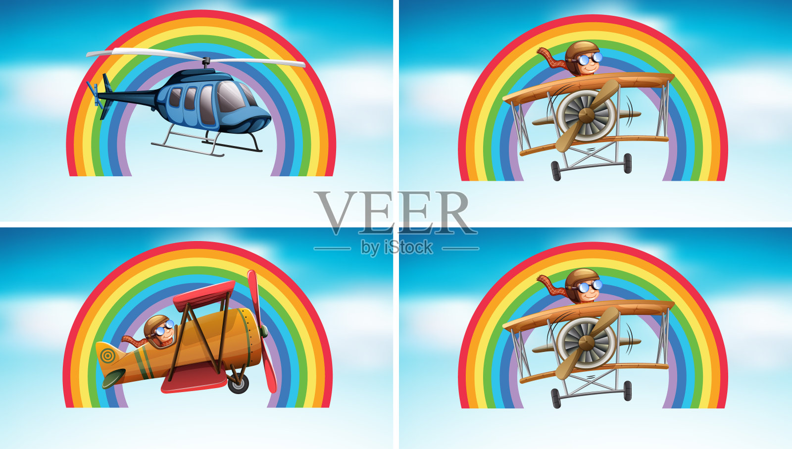 飞机在空中飞行的四个场景插画图片素材