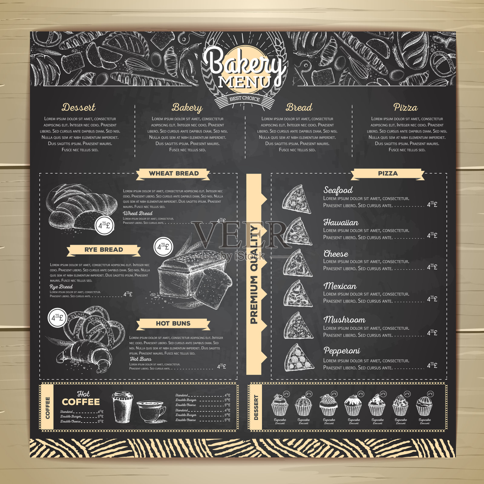 复古粉笔画面包店菜单设计。餐厅的菜单设计模板素材