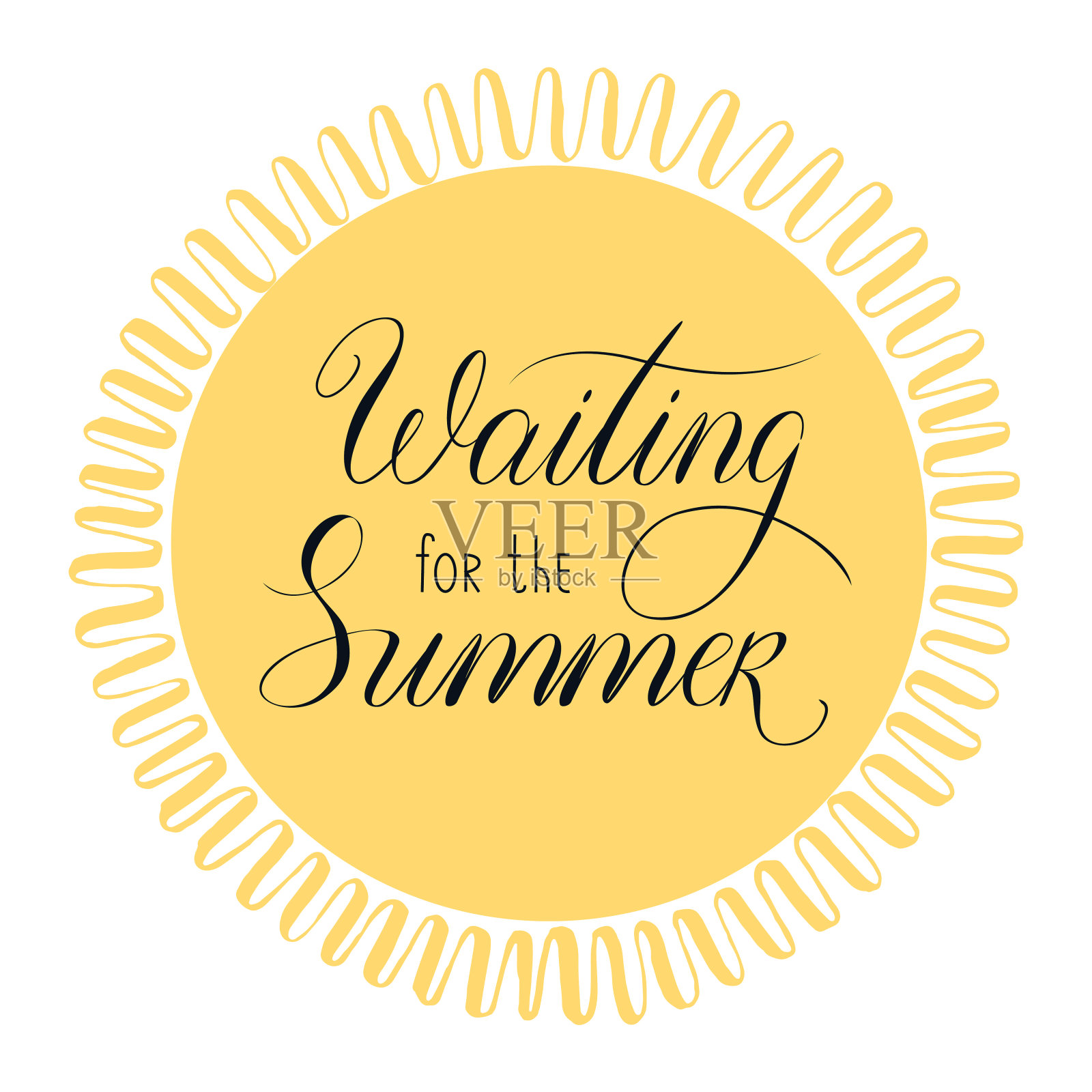 等待夏天,字母手写文字与黄色的太阳装饰矢量插图孤立在白色插画图片素材