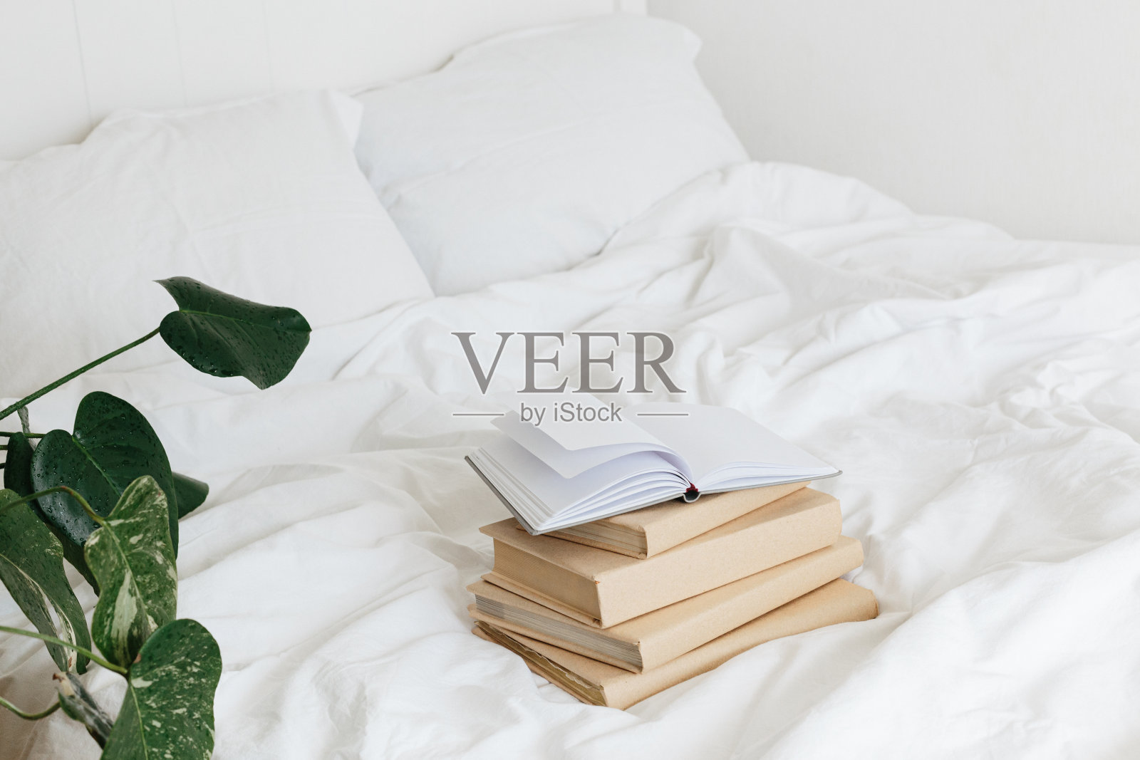 书放在床上,白色的被单。照片摄影图片