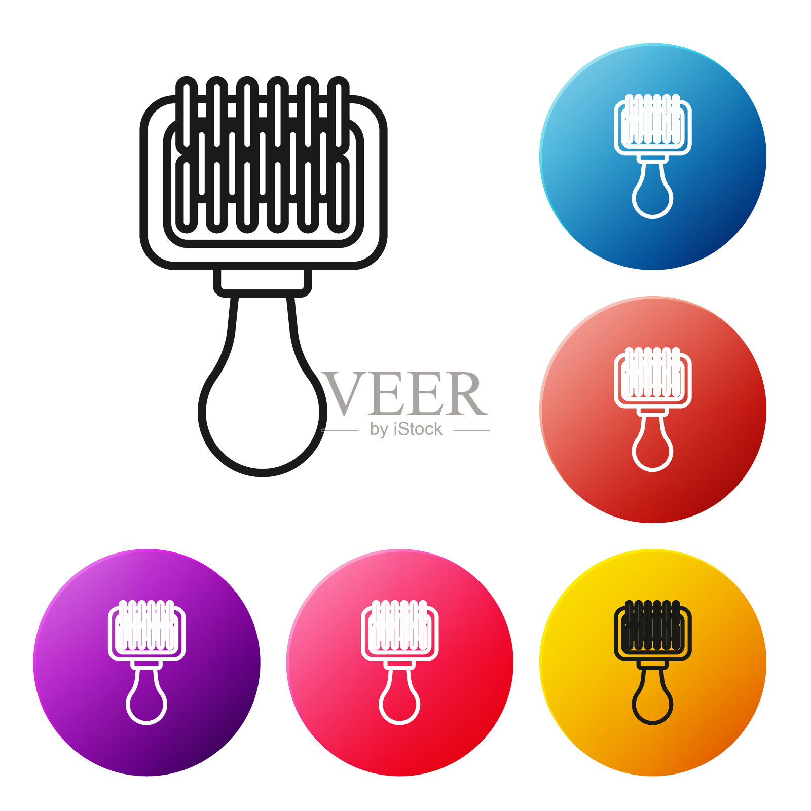 黑色线毛刷狗和猫图标孤立在白色背景。动物皮毛的刷子。宠物配件。设置彩色圆形按钮图标。矢量图图标素材