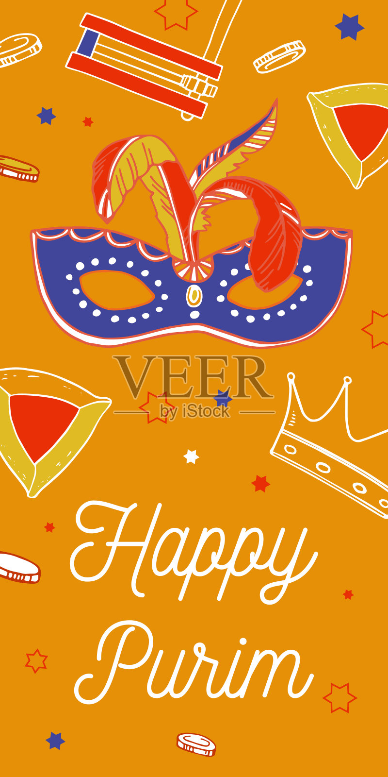 垂直设计的普里姆模板。传统的,面具和假面。手绘轮廓矢量草图插图与标题插画图片素材