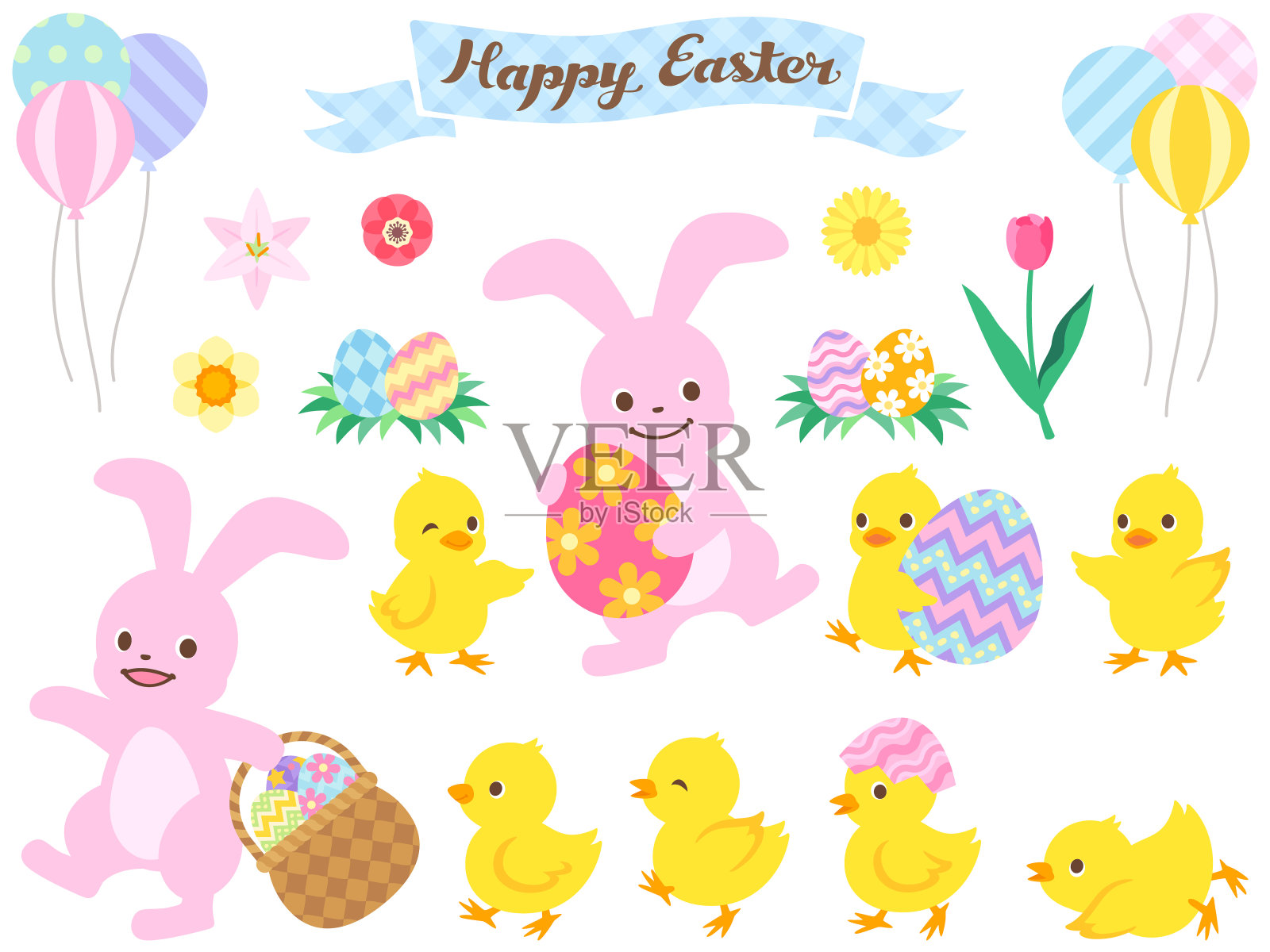 复活节兔子和小鸡插图集插画图片素材
