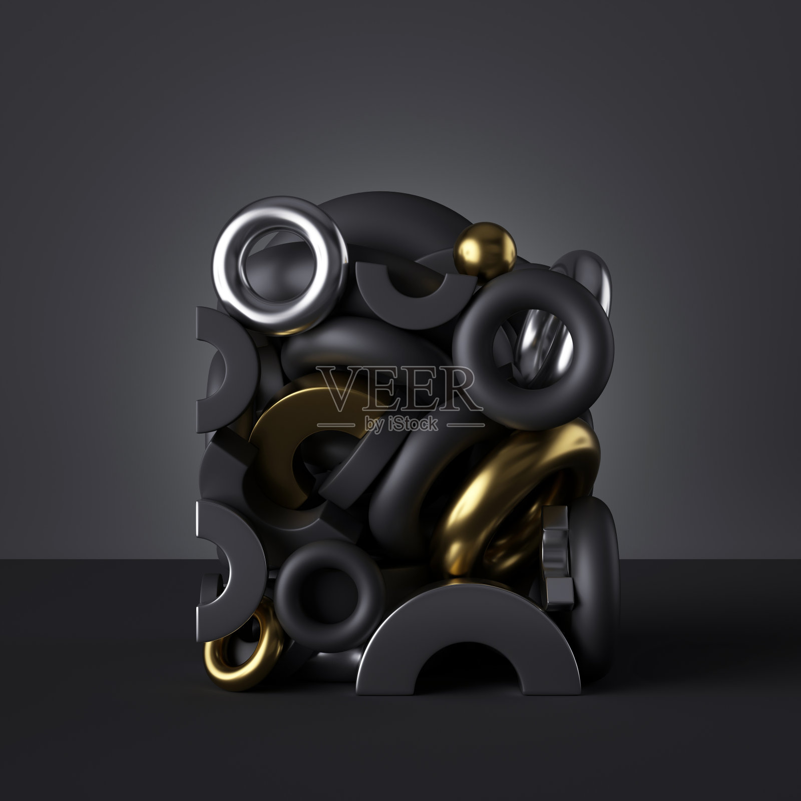 三维几何物体孤立在抽象的黑色背景,圆环和磁铁,玩具堆,铬和黄金金属元素堆,分类的原始形状。照片摄影图片