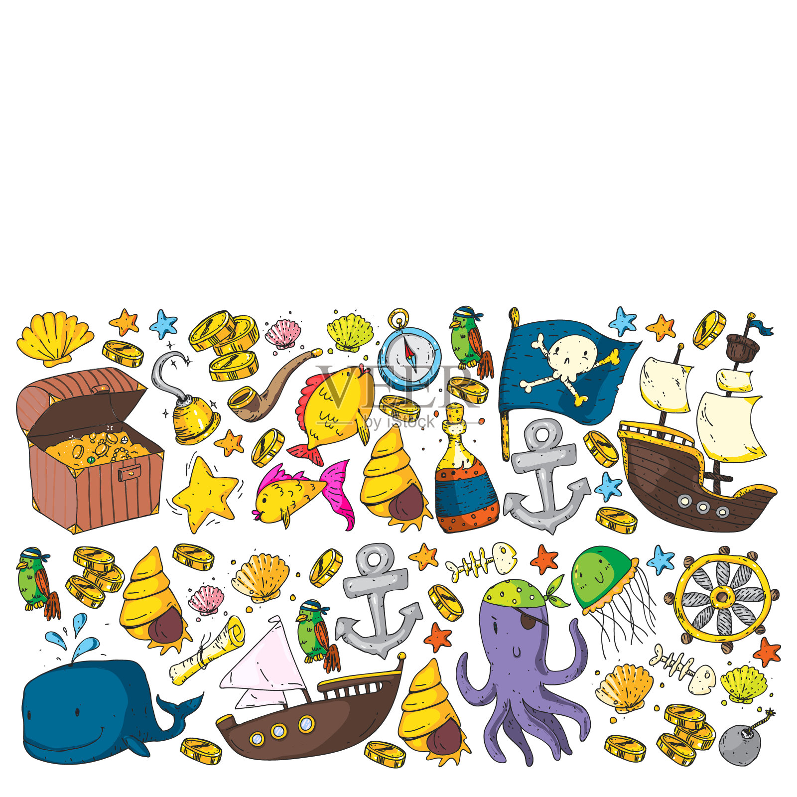 海洋和海洋的孩子。模式对男孩。盗版党。可爱的鱼、动物、宝贝。儿童度假模式,海滩玩具和元素。插画图片素材