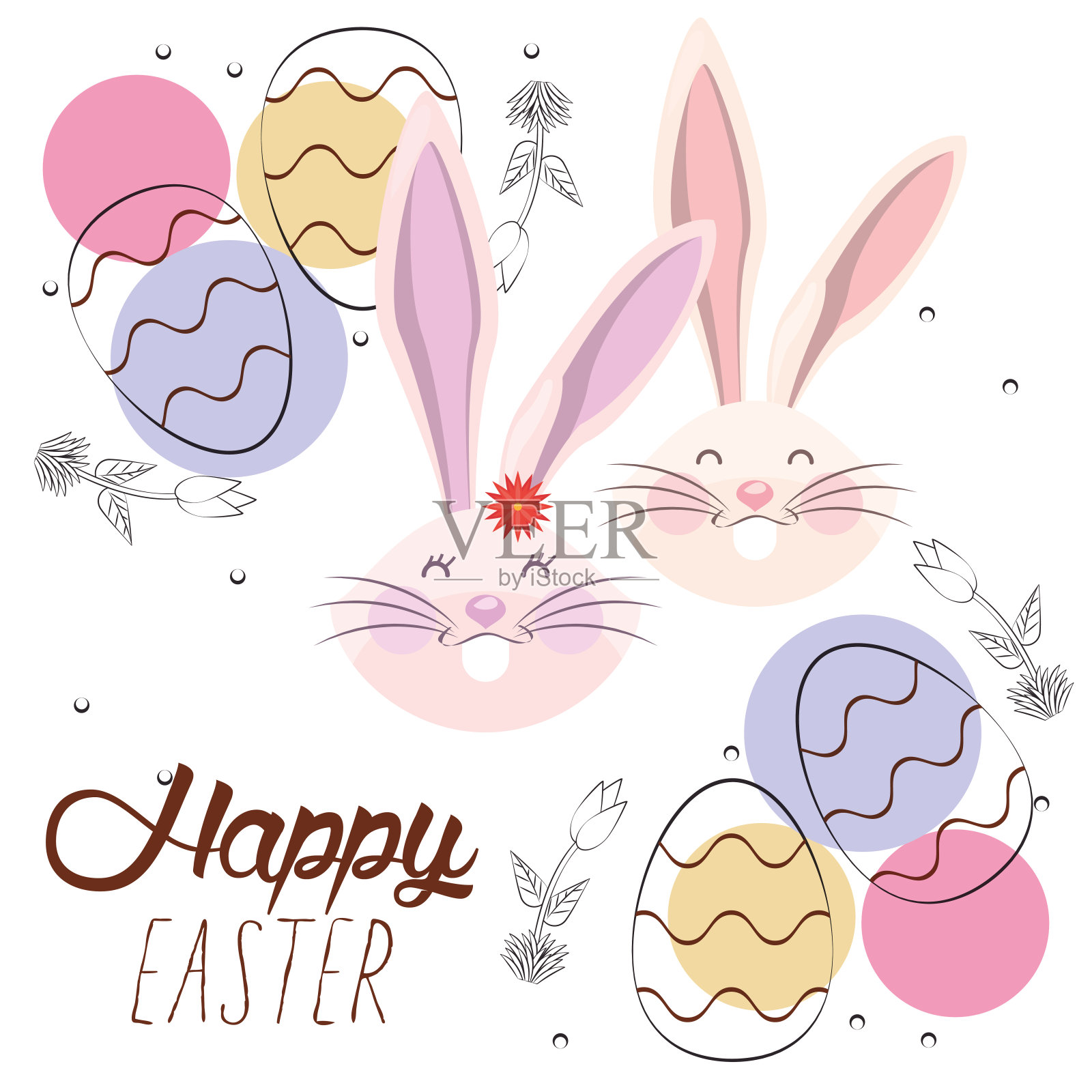 画着兔子和彩蛋的复活节快乐卡片插画图片素材