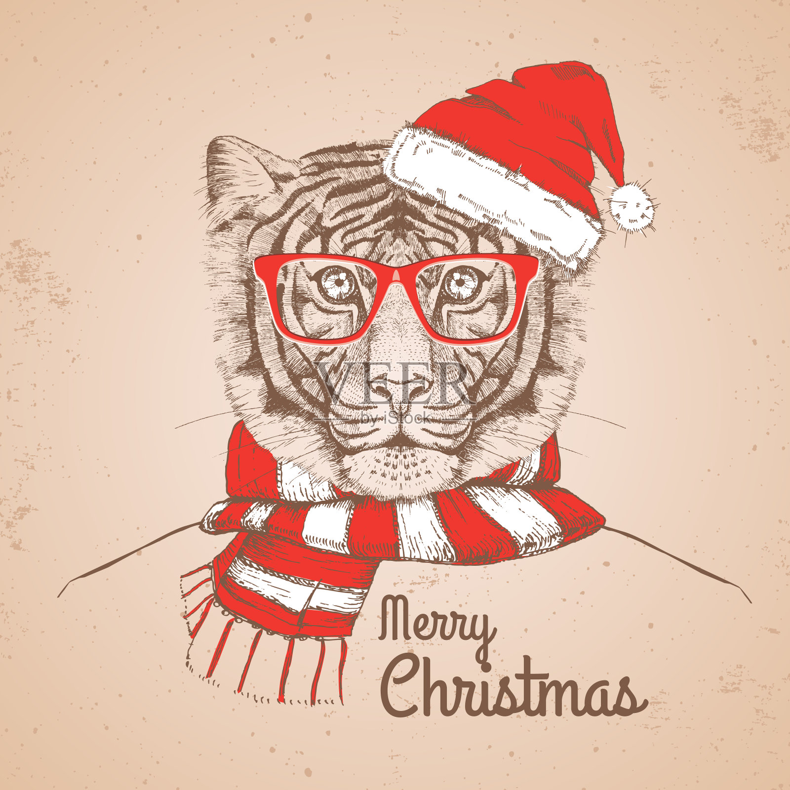 圣诞潮潮时尚的动物老虎戴上了新年帽和围巾插画图片素材