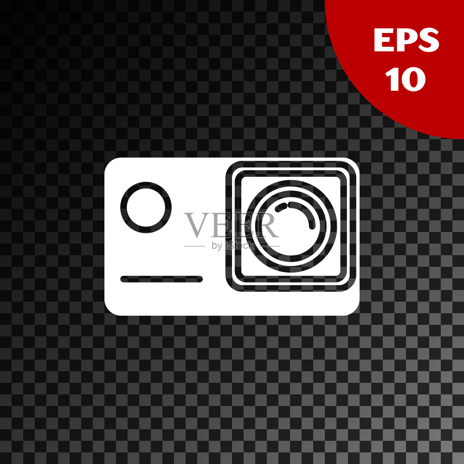 白色行动极端相机图标孤立在透明的黑暗背景。拍摄极限运动的摄像机设备。矢量图图标素材