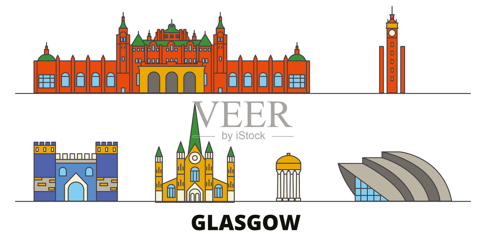 苏格兰,格拉斯哥城市平面地标矢量插图。苏格兰格拉斯哥城一线城市以著名的旅游景点、天际线、设计著称。插画图片素材