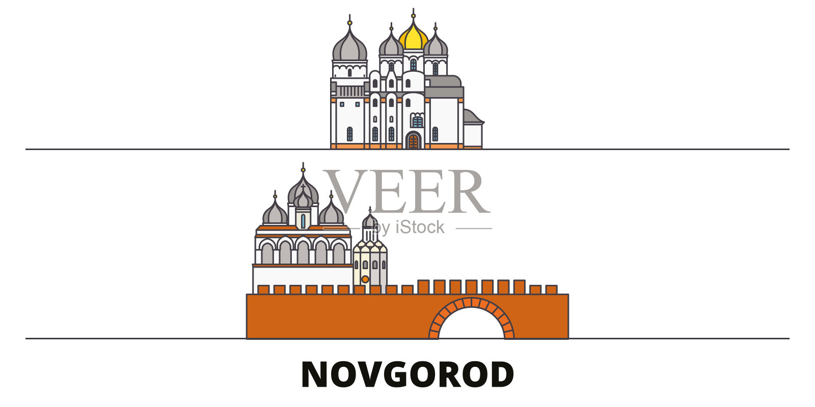 俄罗斯诺夫哥罗德平面地标矢量插图。俄罗斯诺夫哥罗德一线城市拥有著名的旅游景点、天际线、设计。插画图片素材
