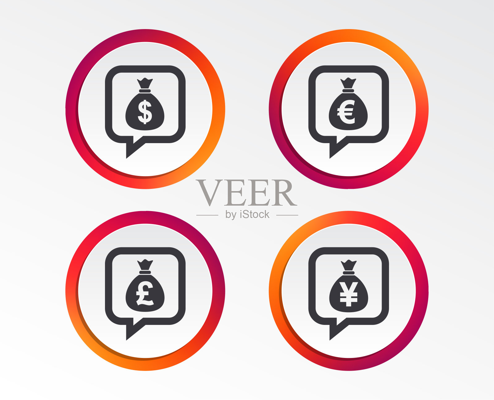 钱包图标。美元,欧元,英镑和日元。图标素材