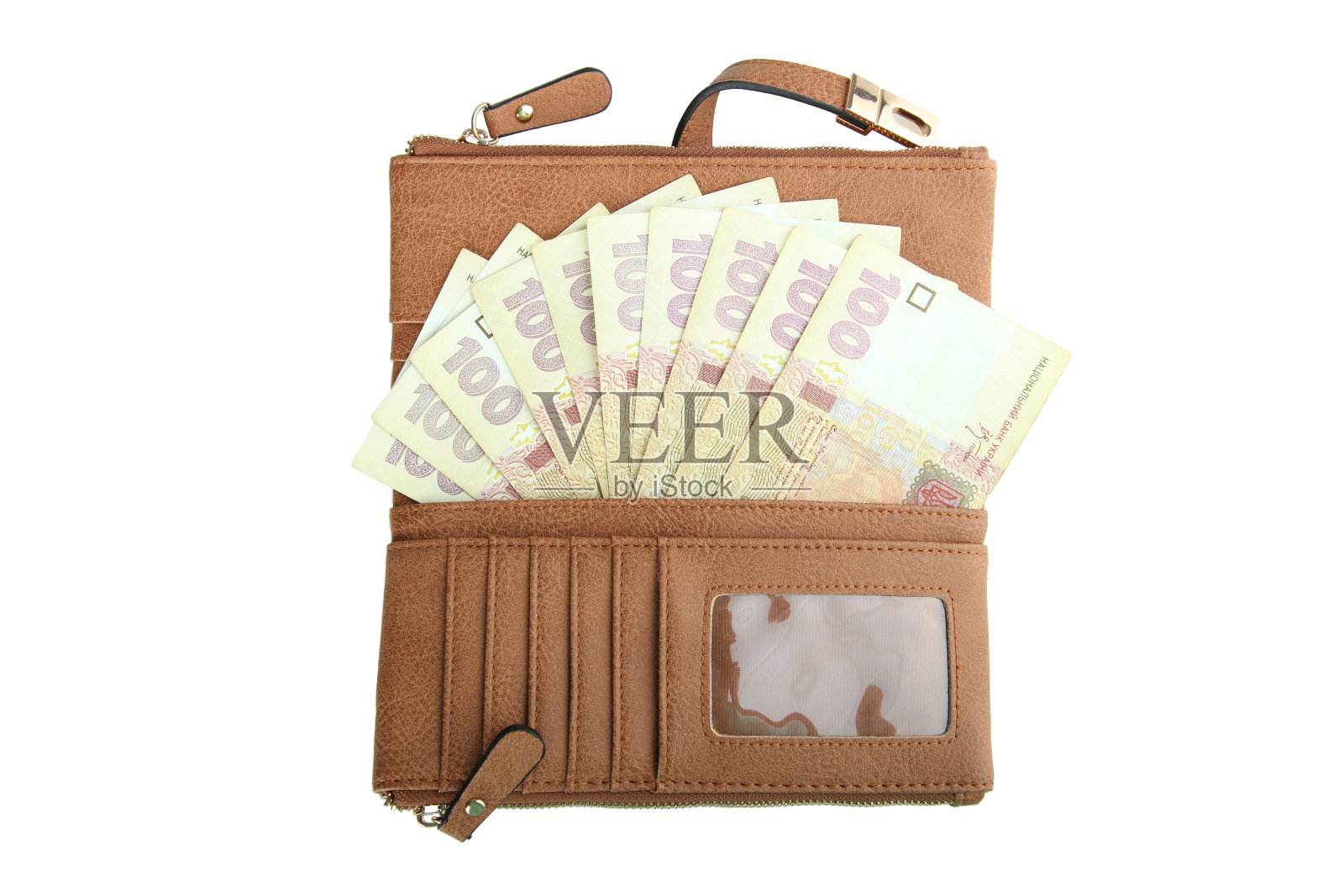 带钱的棕色皮包照片摄影图片