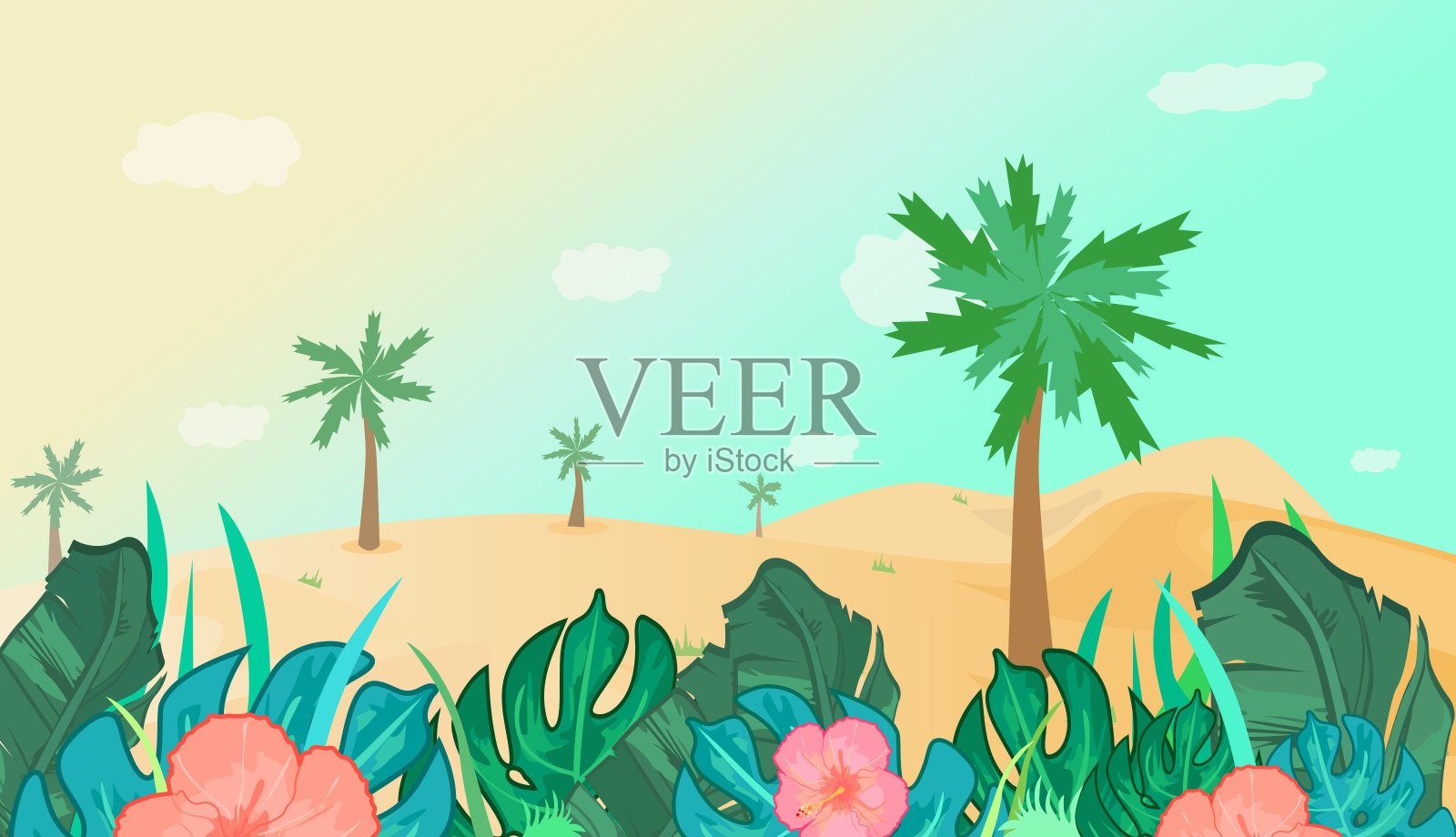 夏季景观与棕榈树和热带树叶插画图片素材