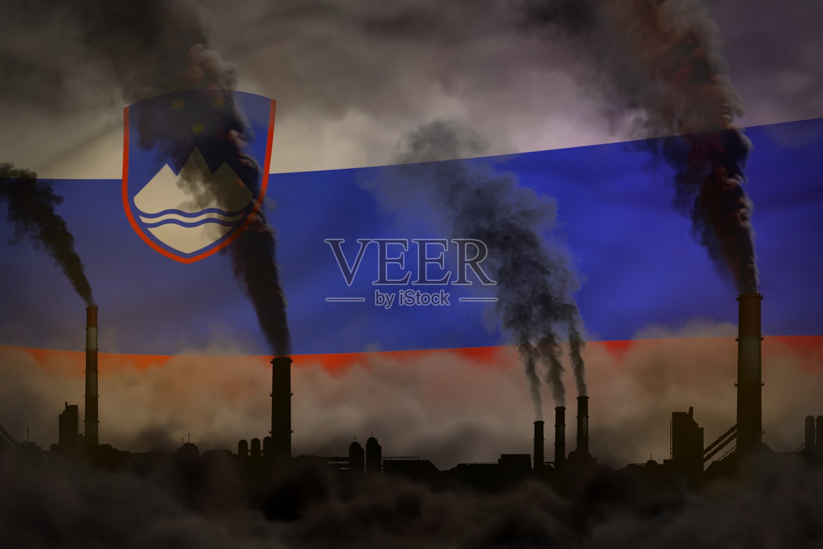 黑暗污染,对抗气候变化的概念-工业3D插图工厂管道浓烟斯洛文尼亚国旗的背景照片摄影图片