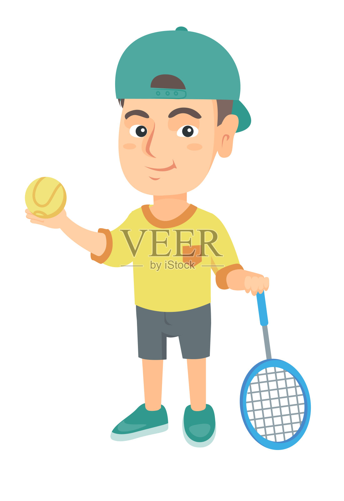 拿着球拍和球的白人网球运动员插画图片素材