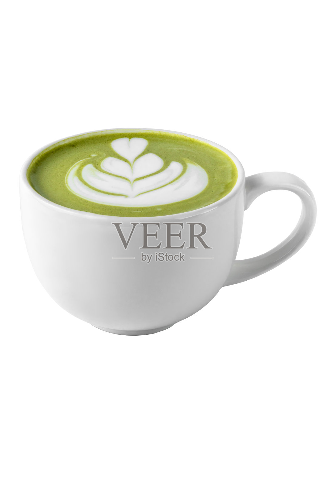 白色背景上的绿色抹茶拿铁艺术咖啡杯,是咖啡馆和餐厅夏季饮料菜单的模板照片摄影图片