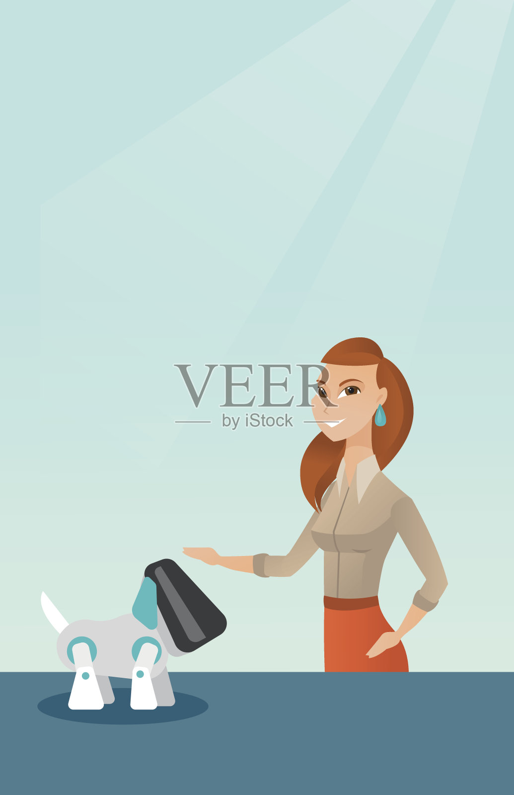 一个年轻的白人女人在玩机器狗插画图片素材