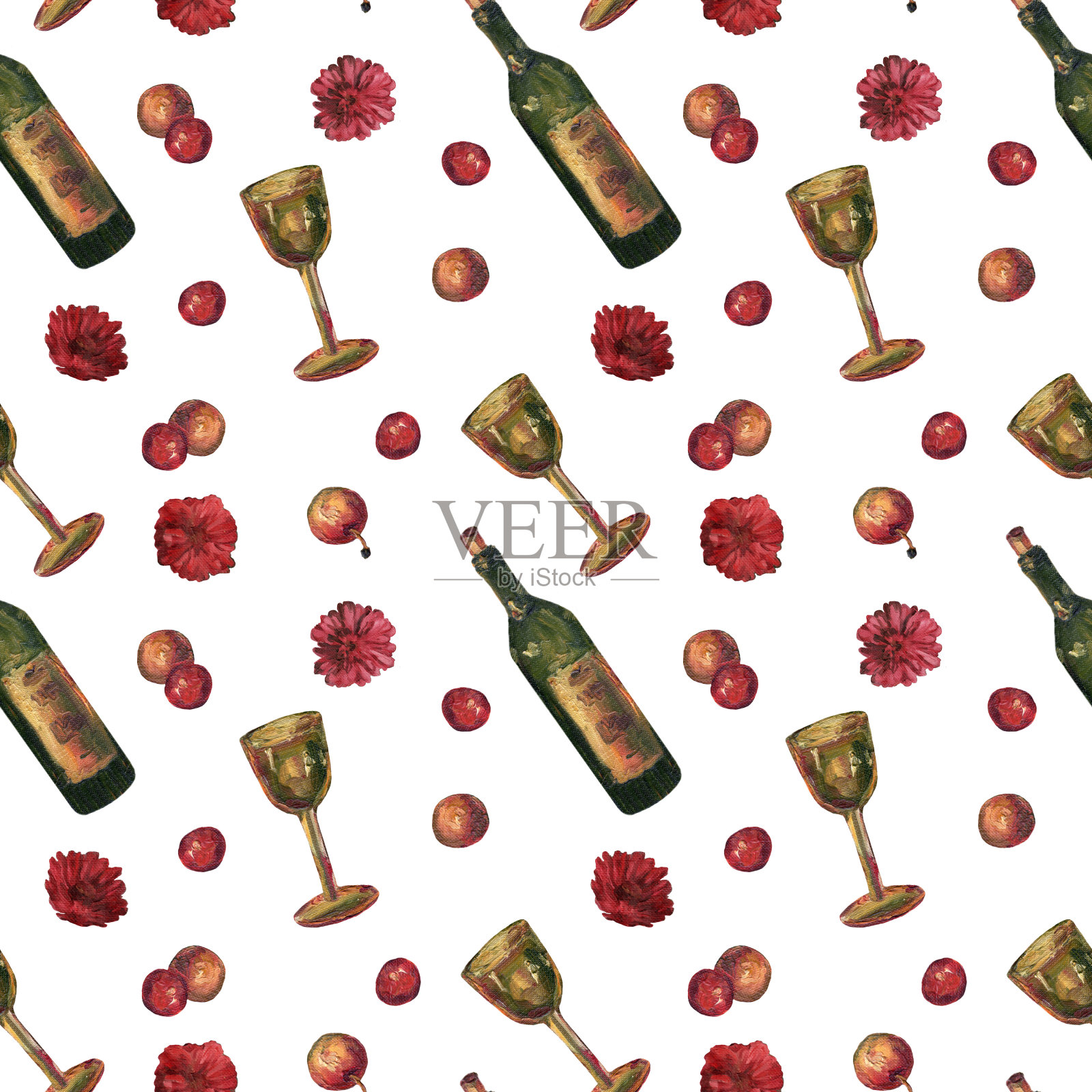 图案有一瓶葡萄酒,一个玻璃杯,苹果和鲜花。用油彩画的彩色布景。Zinnia花。纺织品,墙纸,包装纸。颜色。一种喜庆的饮酒模式。插画图片素材