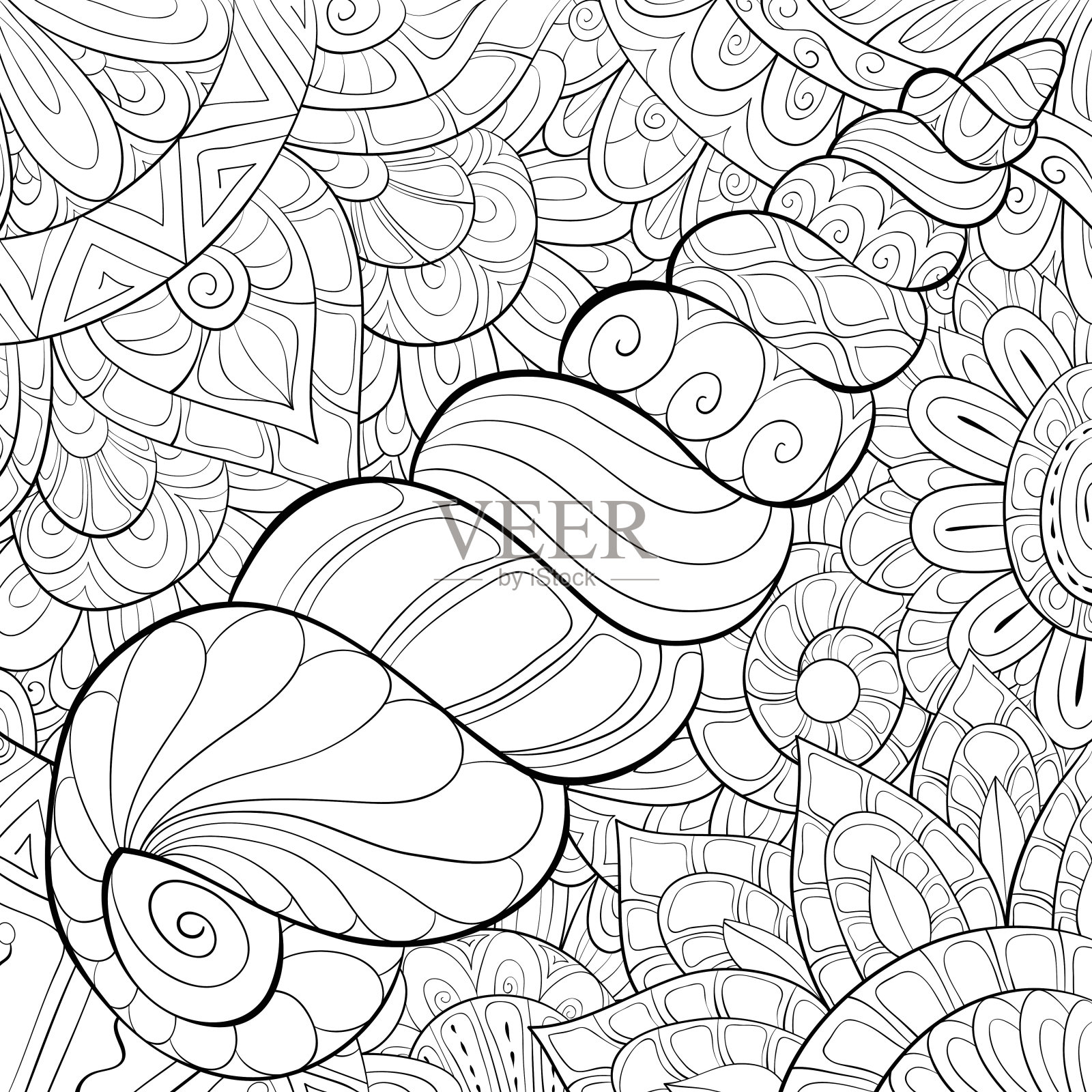 成人涂色书,页一个可爱的贝壳在背景上放松。插画图片素材