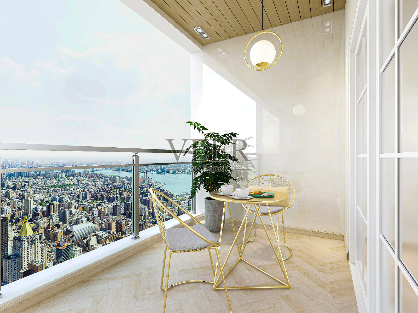 宽敞明亮的开放式阳台,有酒吧,绿色植物和小狗休息照片摄影图片