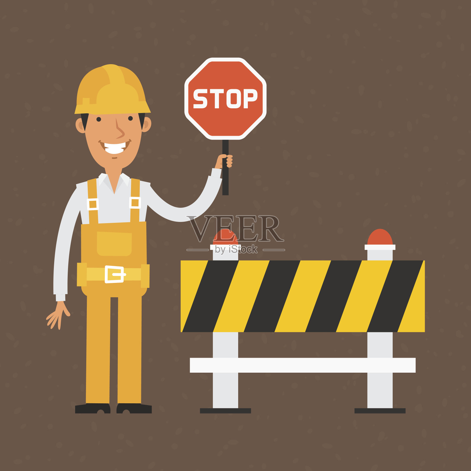 建筑工人举着停车标志微笑着插画图片素材