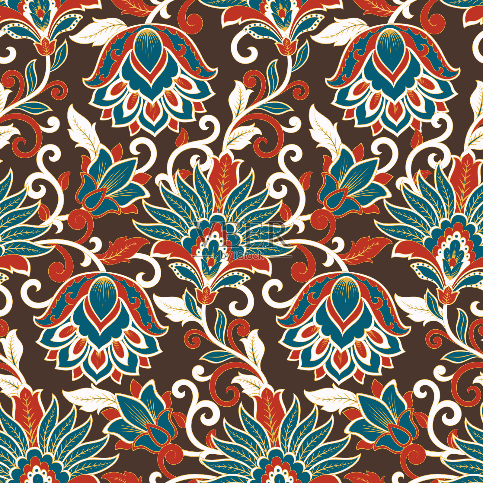 花载体无缝图案。神奇的花,叶子。纺织波希米亚打印。蜡染画。古董插画图片素材