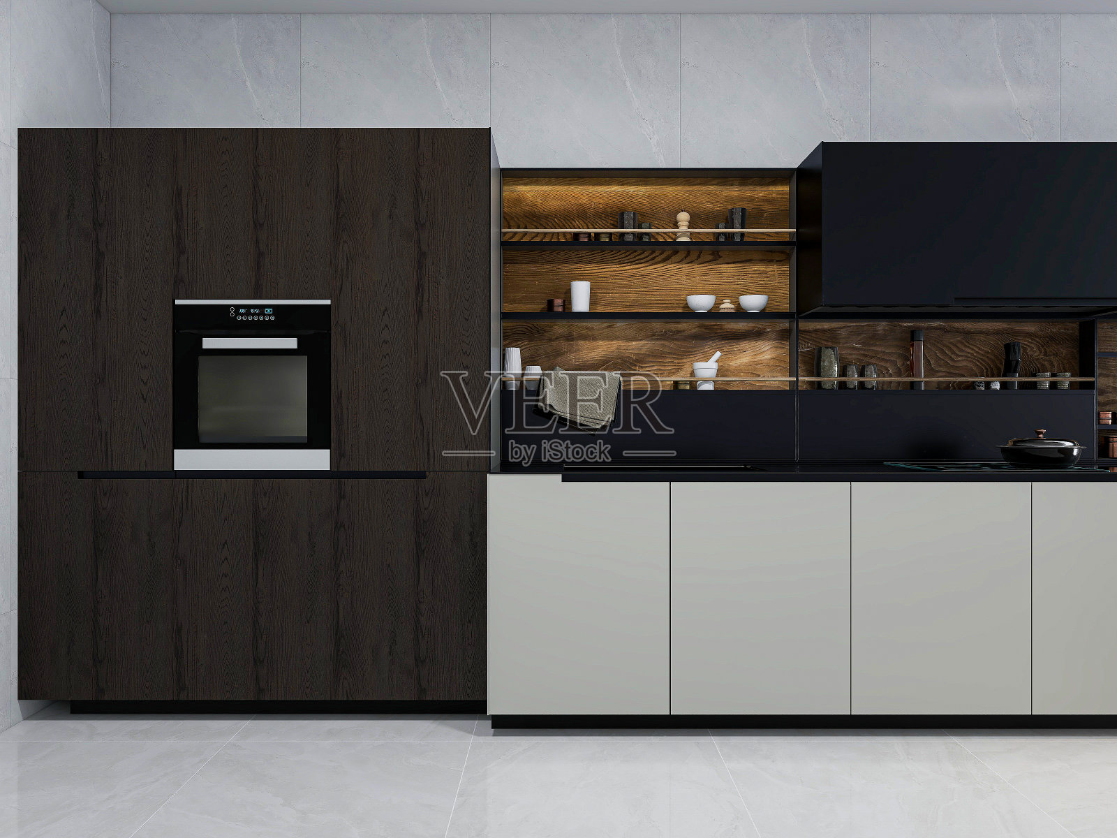 3D渲染,宽敞现代豪华厨房与酒吧设计。照片摄影图片