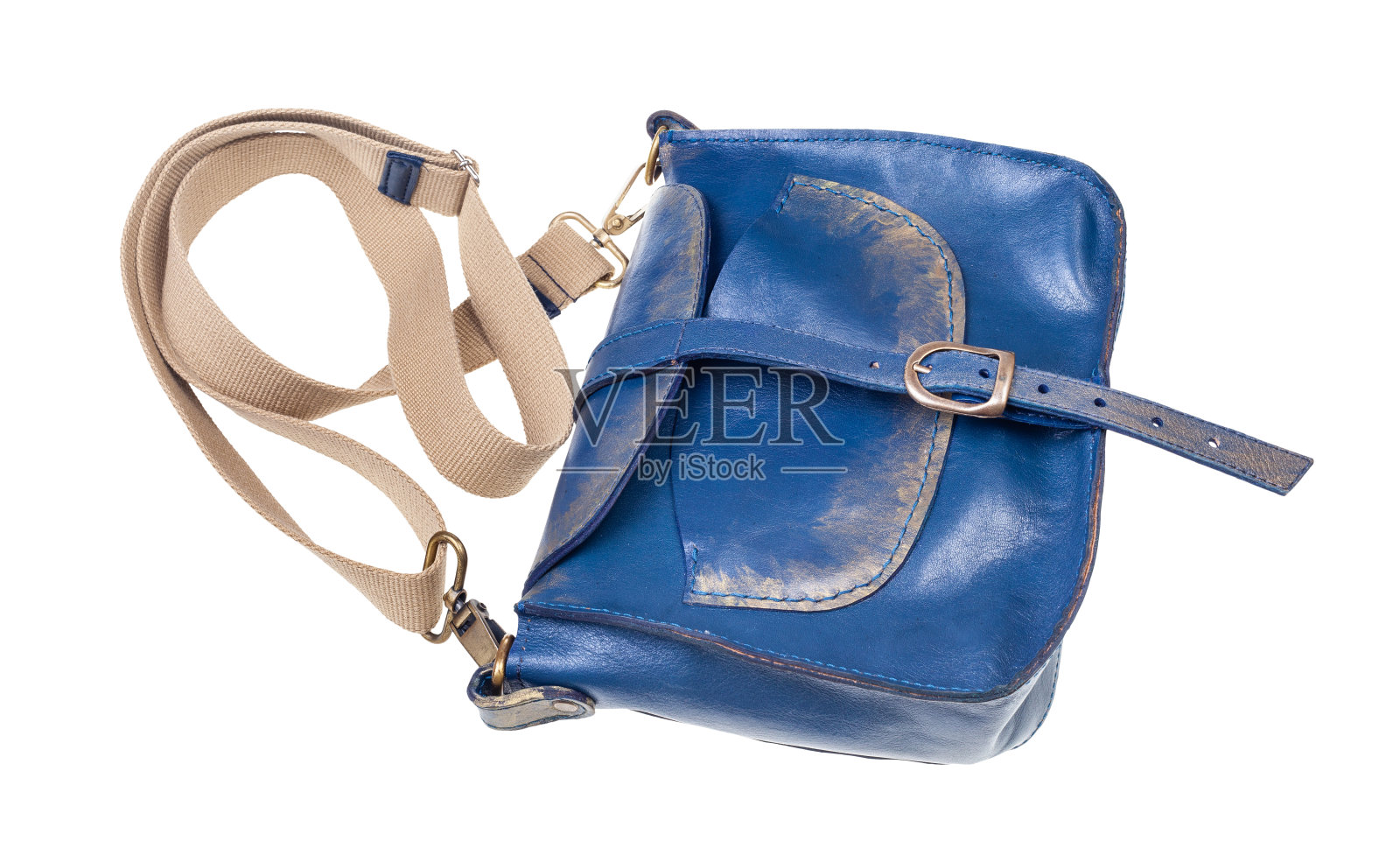 封闭的蓝色皮革手袋与纺织带照片摄影图片