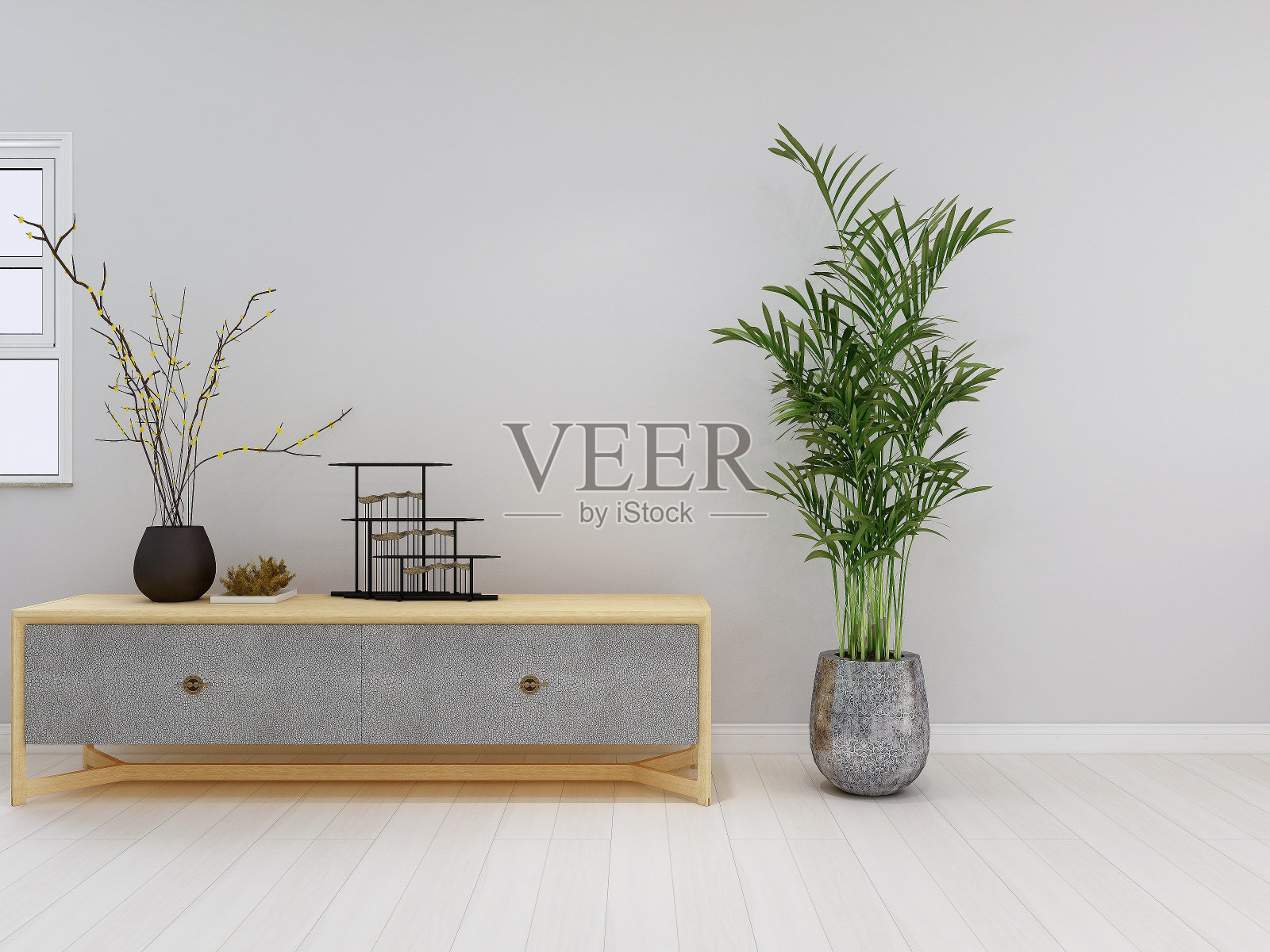 3D效果图,简约现代的客厅沙发配茶几,桌子上有绿色植物。照片摄影图片