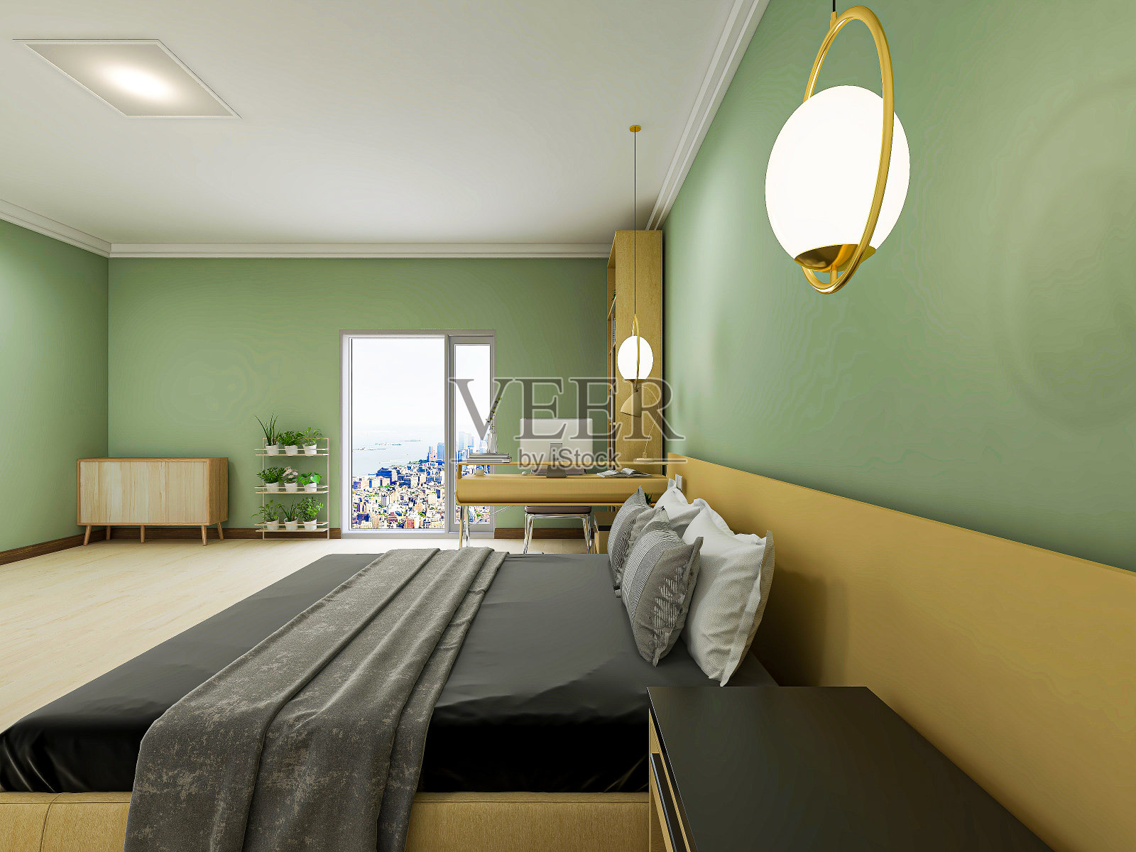 3D效果图,优雅宽敞的现代公寓卧室设计,大床旁边的大衣柜,配有梳妆台和绿色植物照片摄影图片