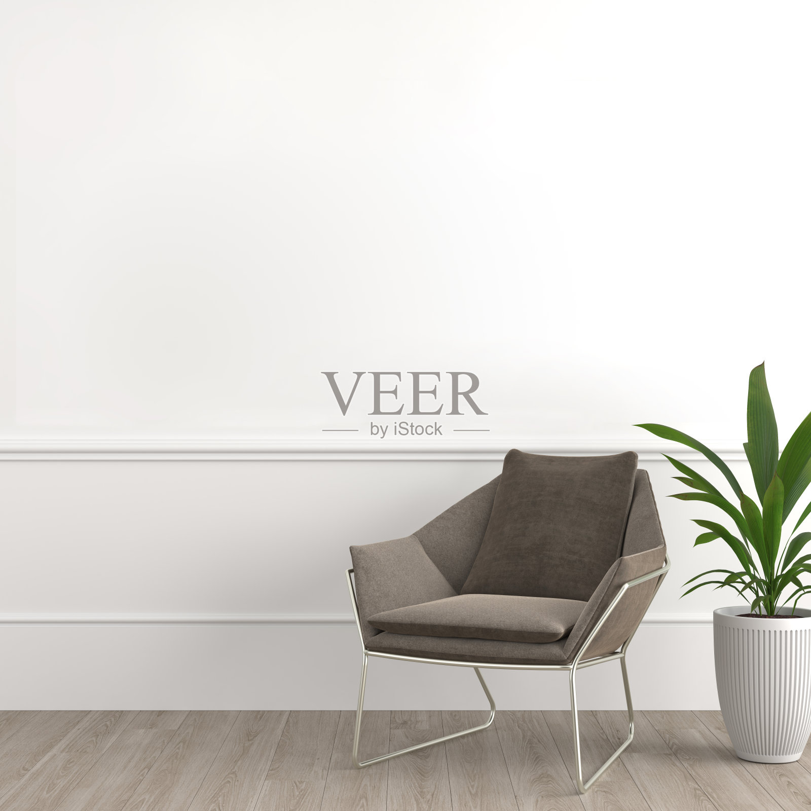 室内设计现代和优雅的扶手椅与脚凳和热带植物盆栽在白色空墙上模拟3d渲染。照片摄影图片