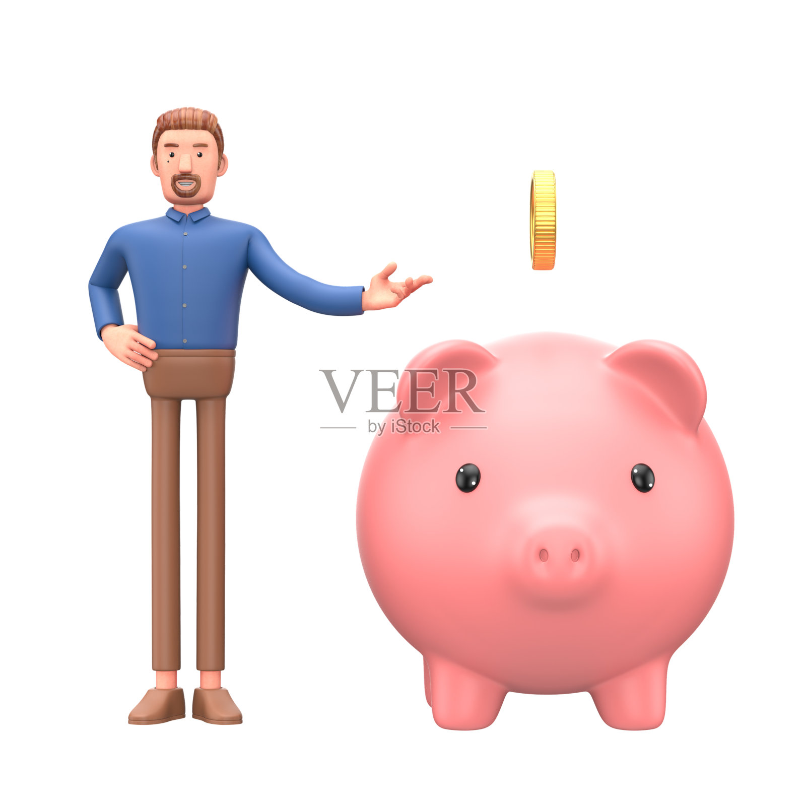 一个英俊的卡通人物和存钱罐的肖像。3 d演示。照片摄影图片
