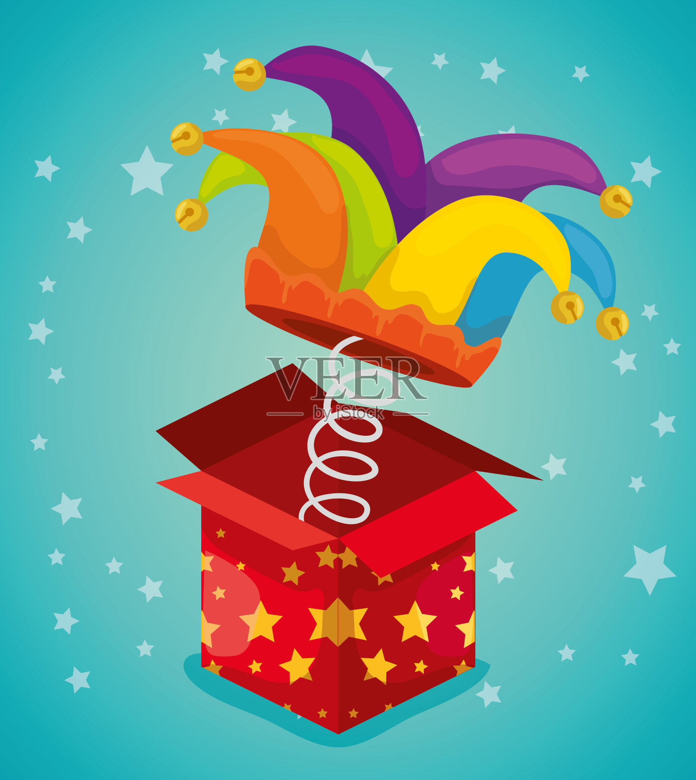 盒子惊喜与帽子小丑的愚人节插画图片素材