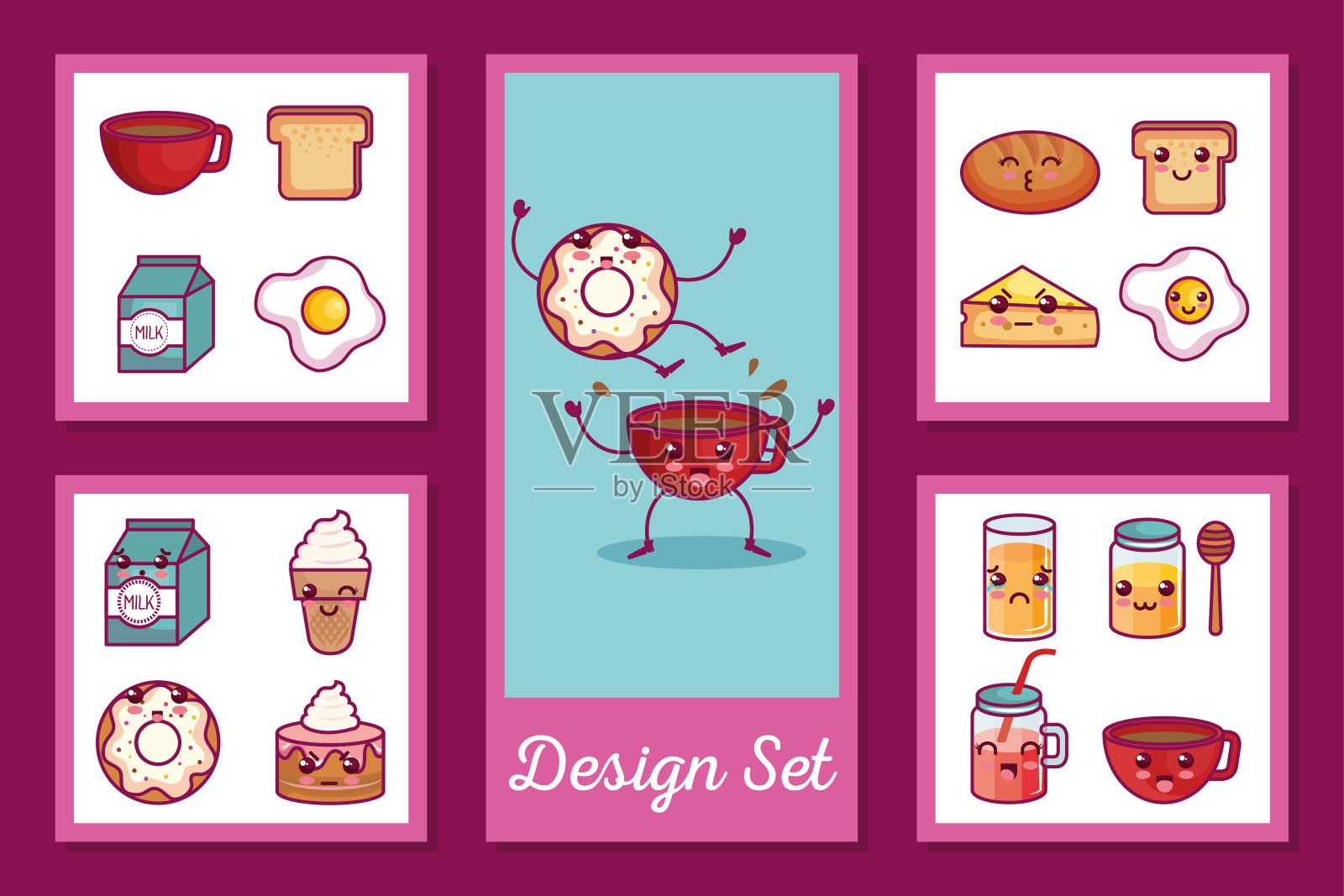 设计一套卡哇伊风格的早餐图标插画图片素材