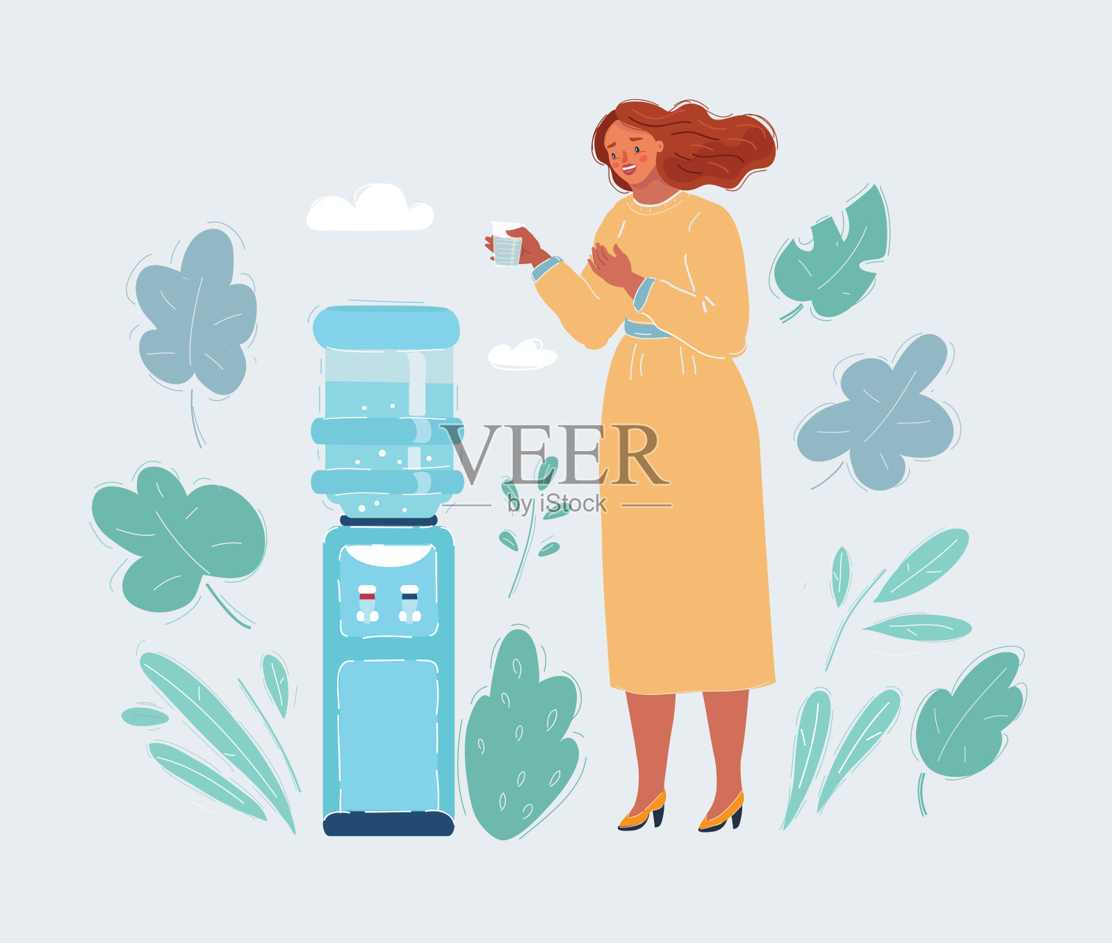 站在饮水机旁喝水的女人插画图片素材