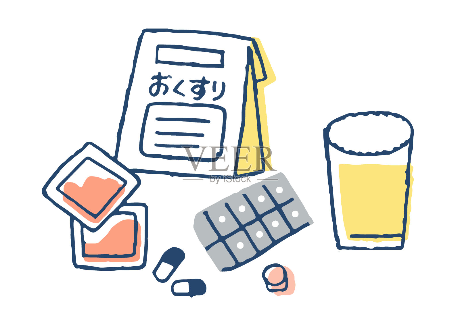 装有处方药物和水的玻璃杯插画图片素材