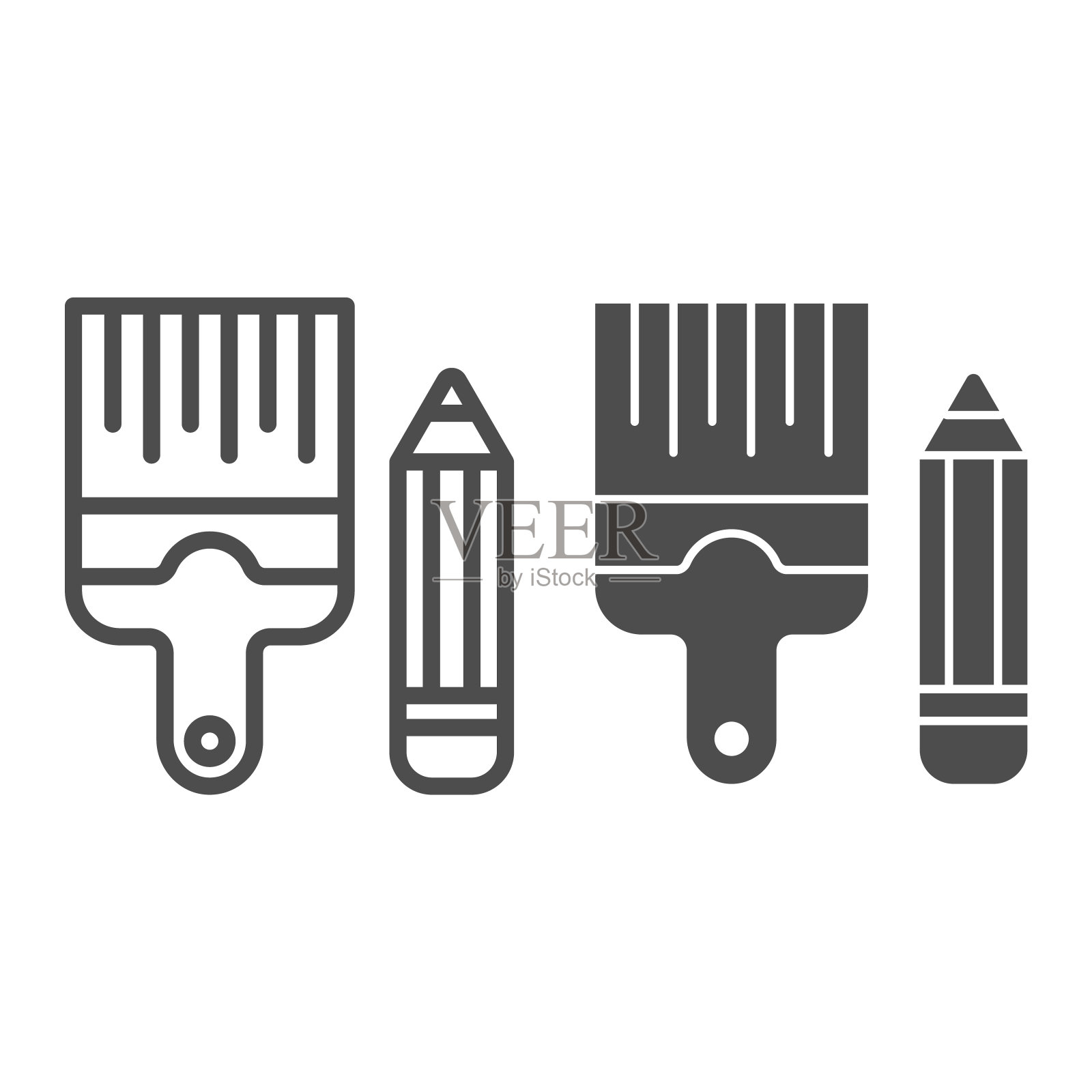 铅笔和笔刷线和字形图标。绘图工具矢量插图孤立在白色。油漆和画轮廓风格设计,设计为web和应用程序。Eps 10。图标素材