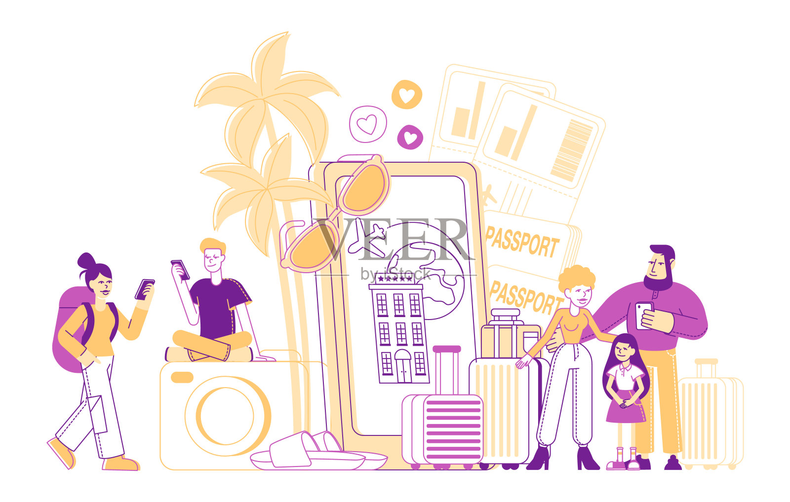 游客概念应用程序。Happy People Go Travel用手机预订机票携带行李的乘客靠近巨大的手机与旅行应用卡通平面矢量插图,线艺术插画图片素材