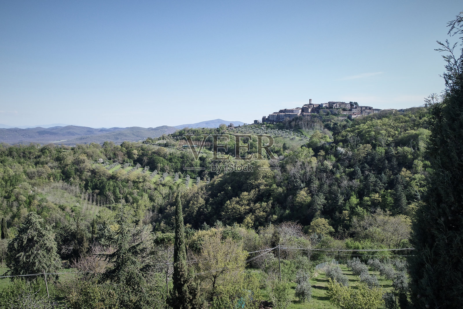 从高处俯瞰,乡村美景令人惊叹,包括农田,野生常绿针叶树和落叶树,山脚下还有一个美丽的小镇照片摄影图片