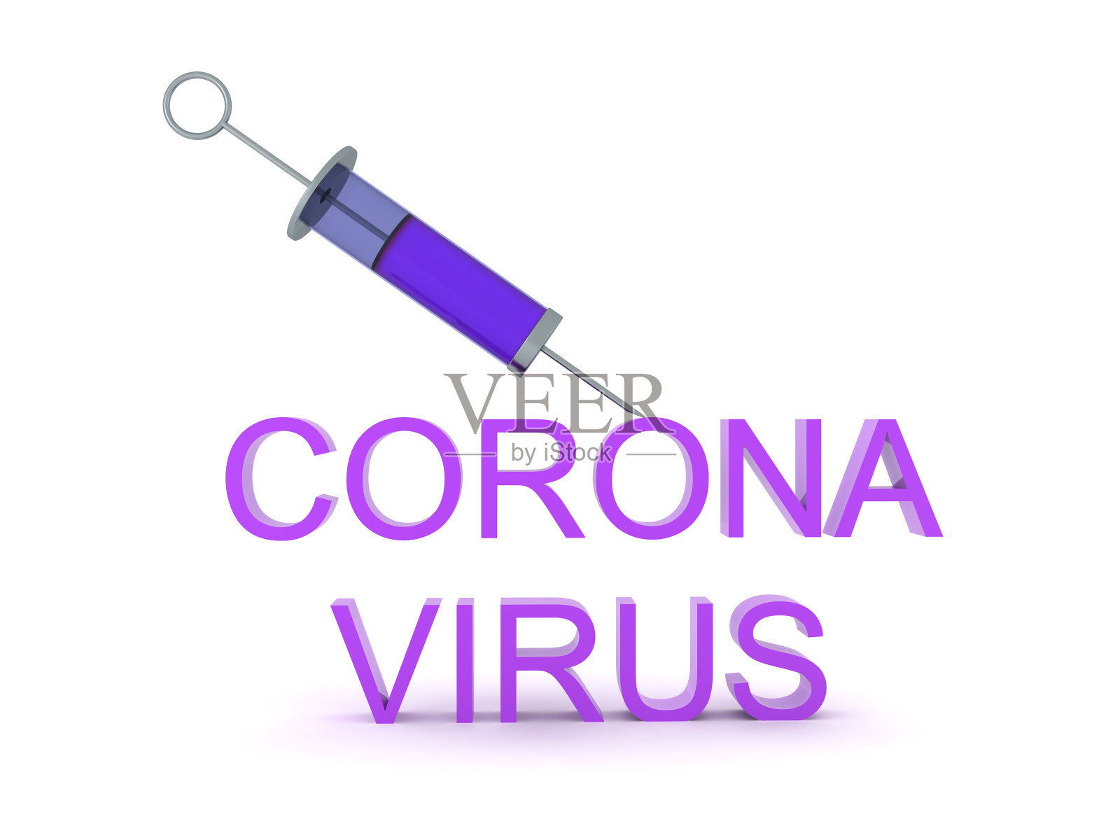 注射器的3D渲染和紫色文字写着Corona病毒照片摄影图片