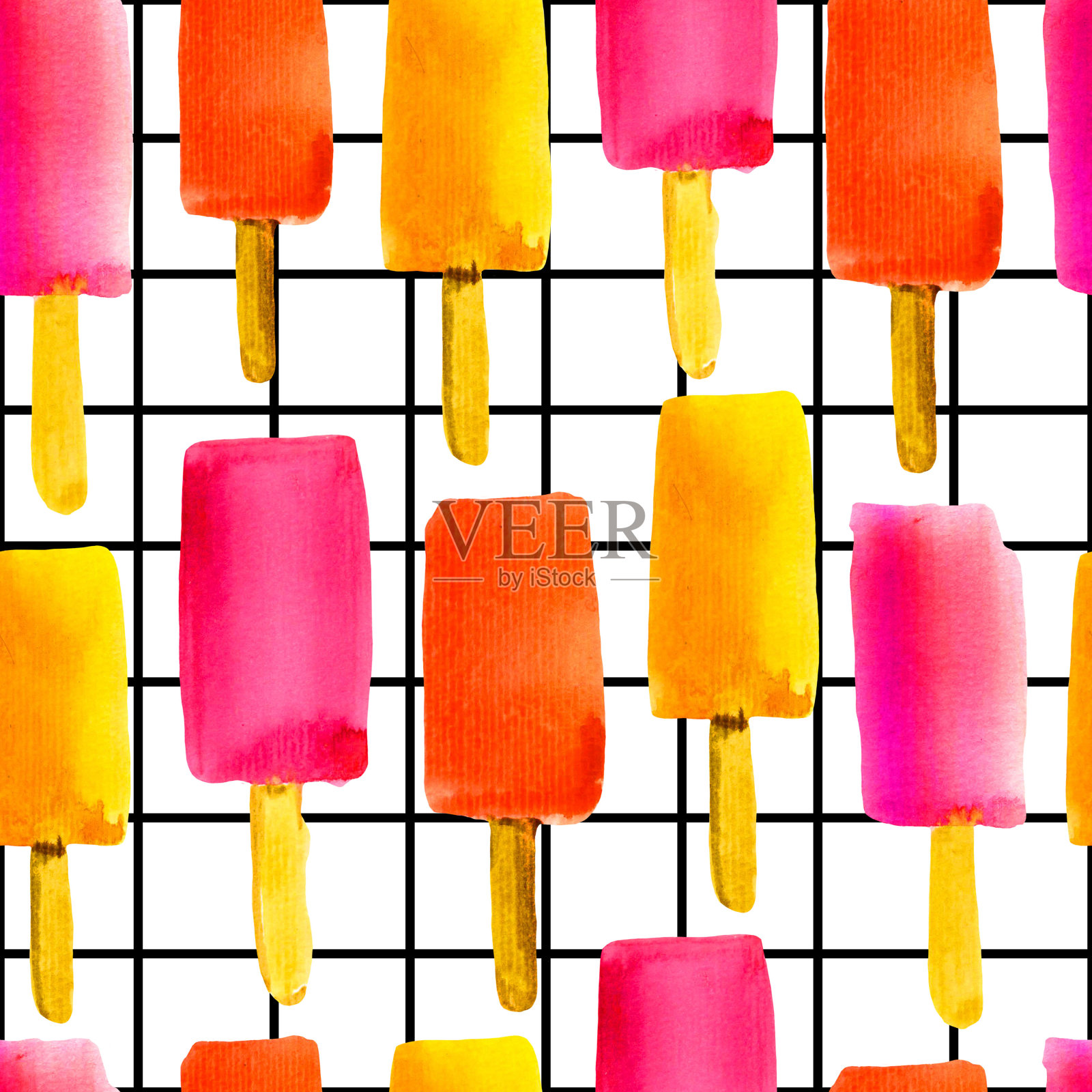 用冰棍做的插图。彩色水彩无缝图案与冰淇淋棒。插画图片素材