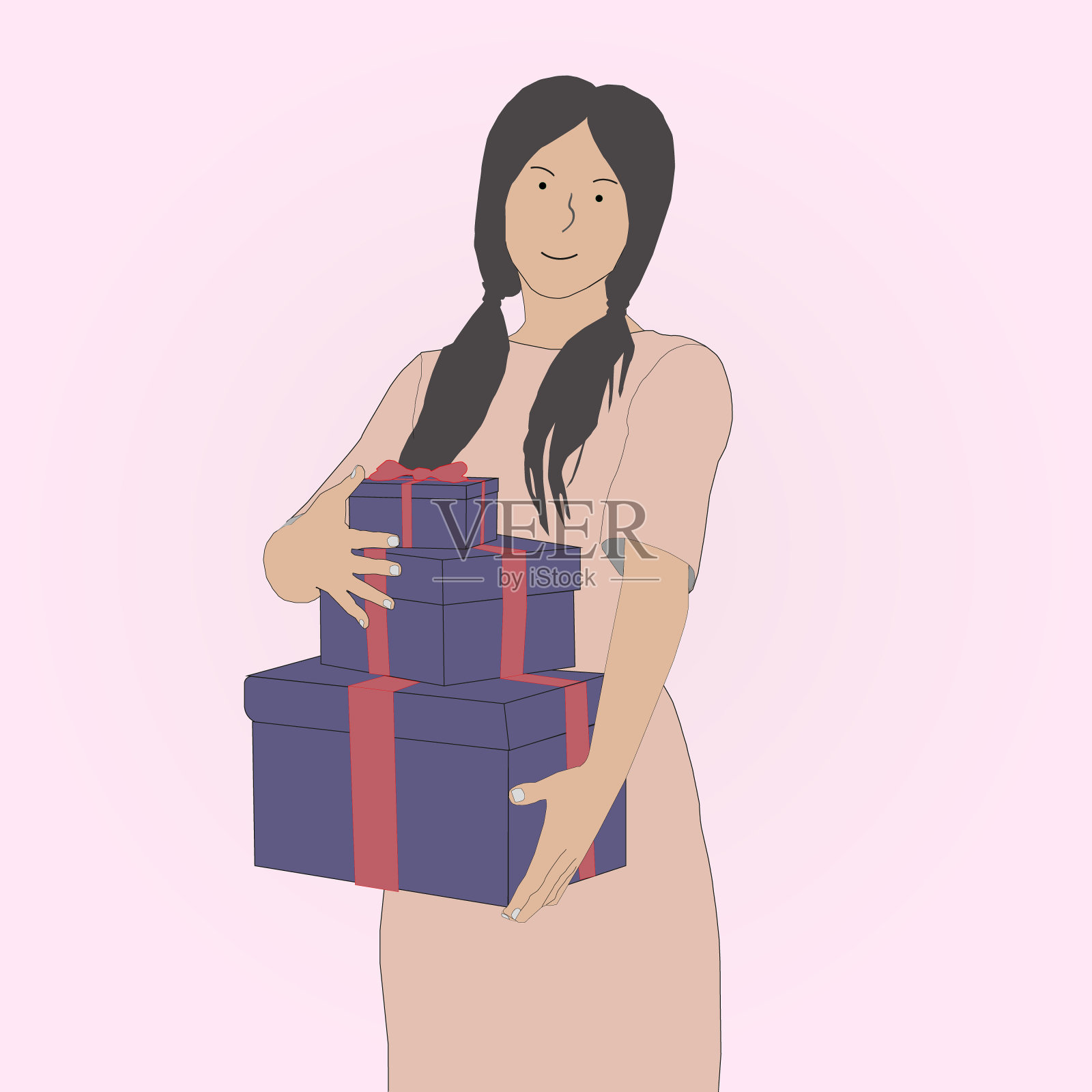一个快乐的女孩站在她的手里拿着礼物或购物。用不同大小的盒子绑上丝带装饰。插画图片素材