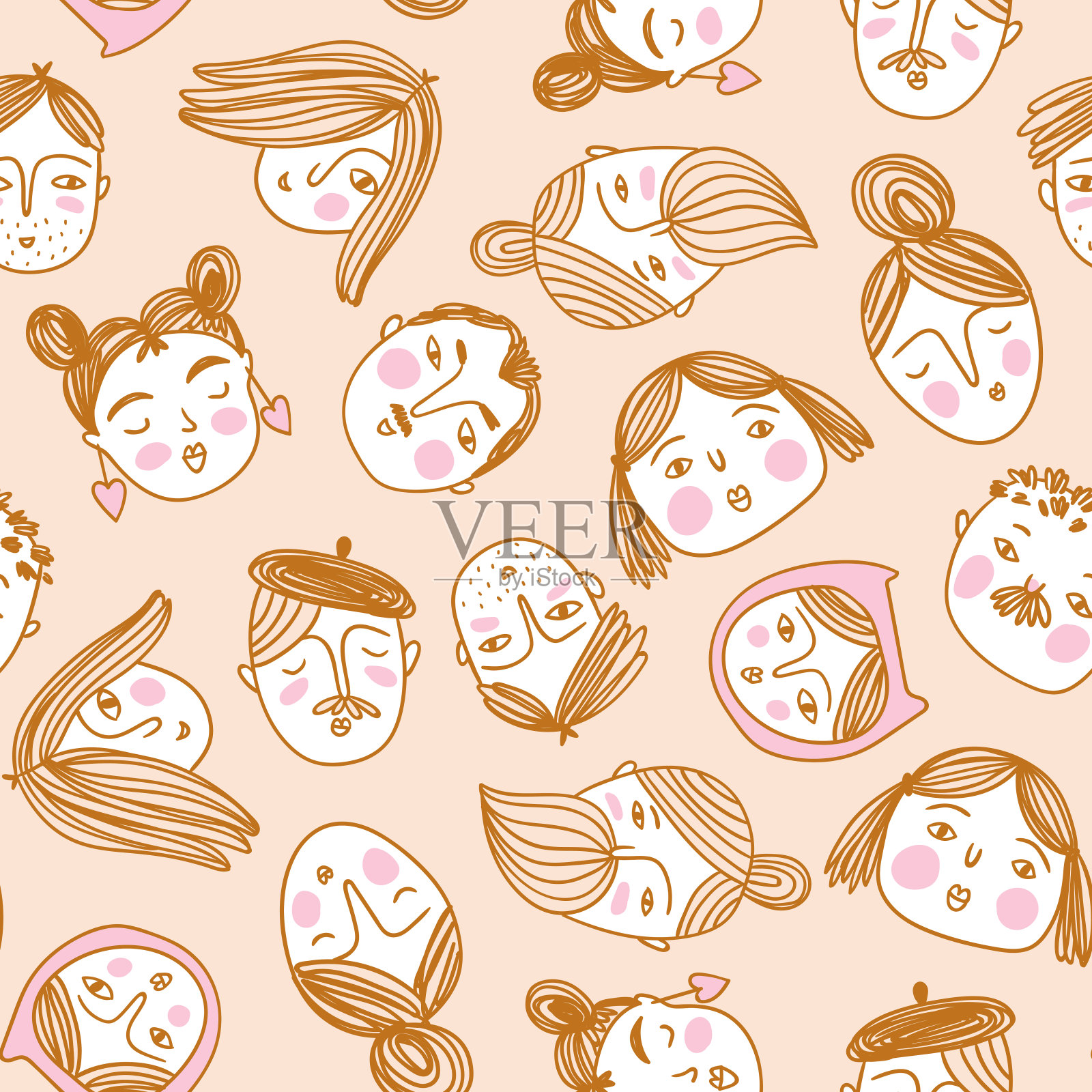 矢量无缝模式与素描人脸的人。手绘的风格。织物、墙纸或包装纸的可爱简单设计。插画图片素材