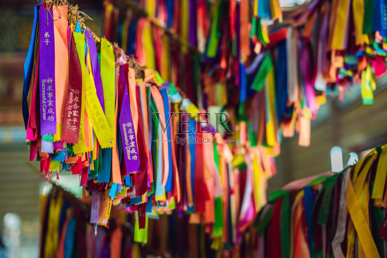 在佛寺里,彩带系在欲望树上照片摄影图片