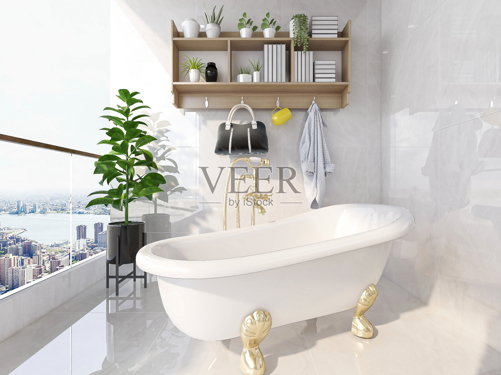 3D效果图,城市住宅的露天外阳台设计,搭配花草、休闲桌椅、浴缸等装饰。照片摄影图片